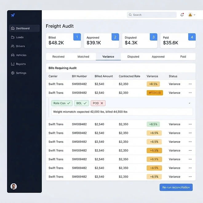 Freight Bill Reconcile screen in TMSDASH — Audit and pay carrier freight bills with a three-way match — rate con ↔ BOL ↔ POD. Each fr