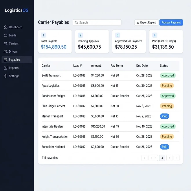 Carrier Payables screen in TMSDASH — Track what you owe your carriers. Payables are generated automatically when a brokered loa