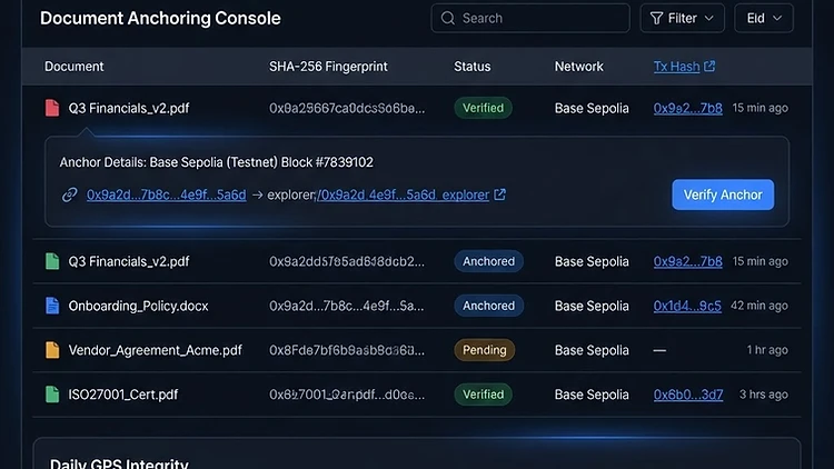 TMSDASH document anchoring console showing anchored document fingerprints, on-chain transaction statuses, and the active network card