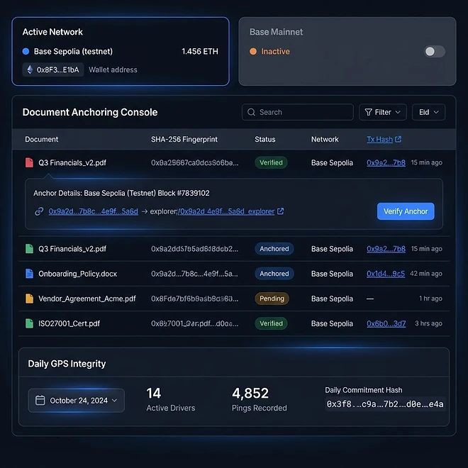 Blockchain Document Integrity screen in TMSDASH — Tamper-evident record-keeping on the Base blockchain. Every new BOL, DVIR, invoice, signed