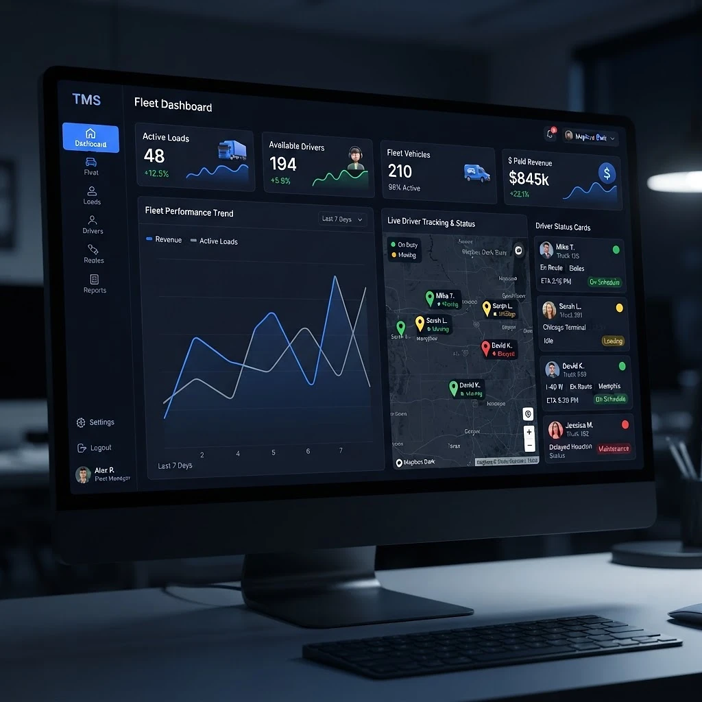 ShipperTMS dashboard with outbound shipments, an open RFQ with carrier quotes, and warehouse inventory alerts