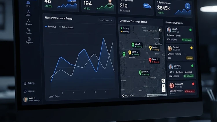 TMSDASH operations dashboard showing active loads, KPI cards, a trend chart, and a live driver-tracking map