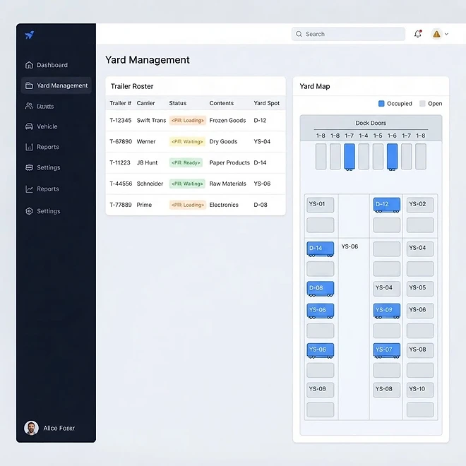 Yard Management screen in TMSDASH — Track trailers and yard spots. Assign trailers to yard spots, monitor door status, and coo