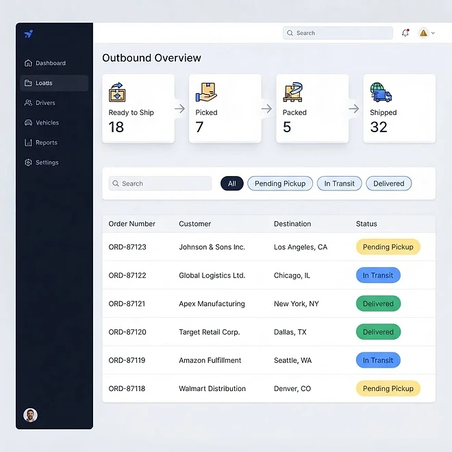 Outbound Dashboard screen in TMSDASH — A focused outbound overview for shippers. Track ready-to-ship orders, pending pickups, and