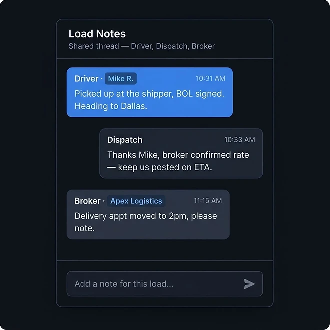Shared Load Notes Thread screen in TMSDASH — A shared, message-style notes thread on every load. Drivers, dispatchers, brokers, and shi