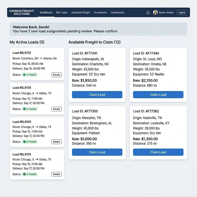 Carrier Portal screen in TMSDASH — An external portal where your brokered carriers view and claim loads. Carriers sign in wit