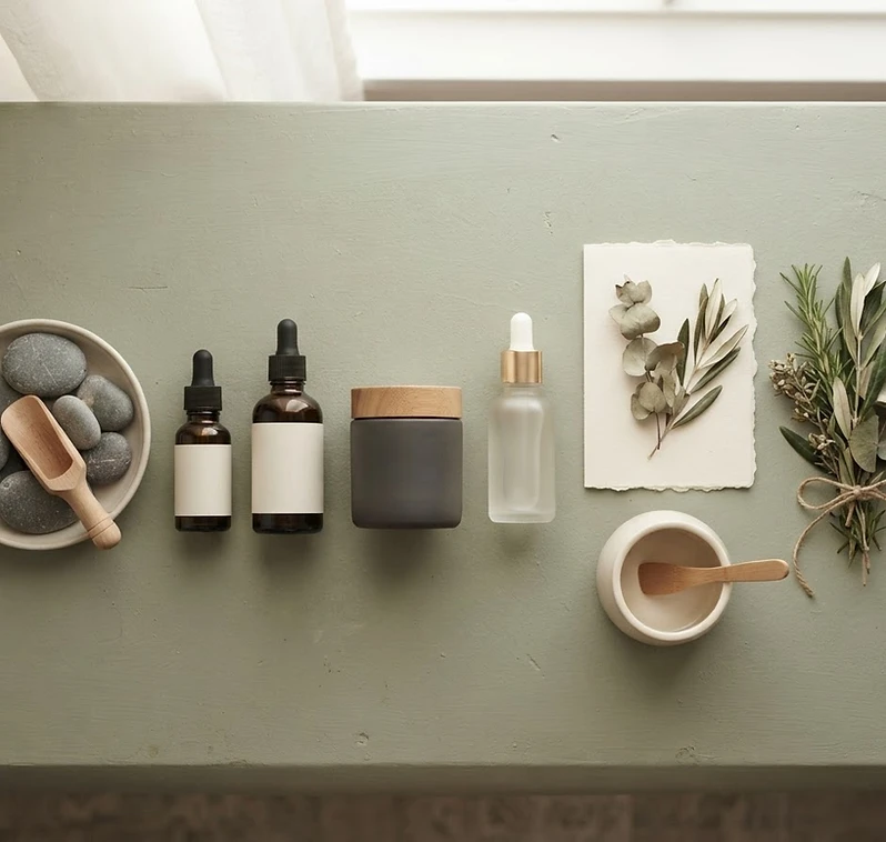 Overhead arrangement of product samples, notes, and natural materials