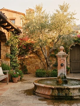 A sunlit California courtyard with olive trees and warm stone