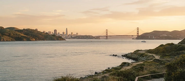 A calm San Francisco Bay Area streetscape at golden hour