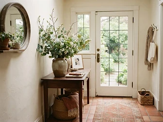 A welcoming home entryway with fresh branches and soft light