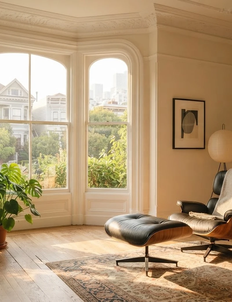 A sunlit San Francisco Victorian interior with an Eames chair and lush plants