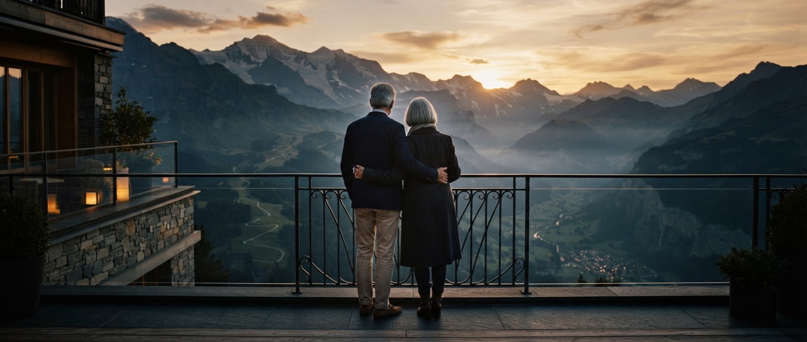 Casal contemplando um destino extraordinário ao pôr do sol