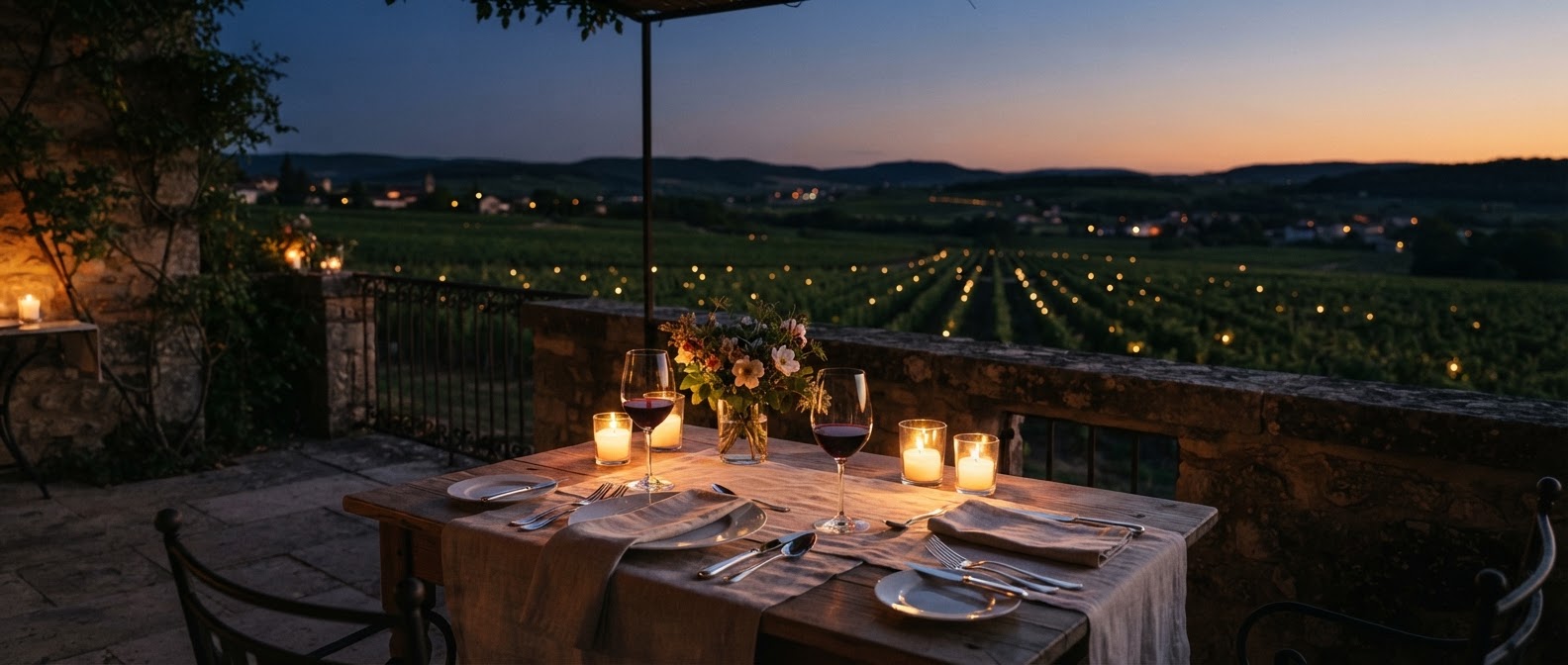 Experiência gastronômica em um terraço à luz de velas