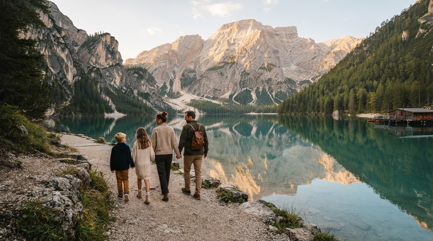 Família vivendo um destino extraordinário nos Alpes à hora dourada