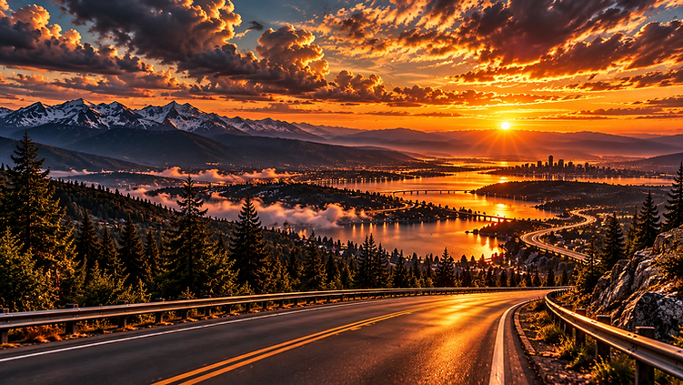 A golden-hour highway journey through the California landscape