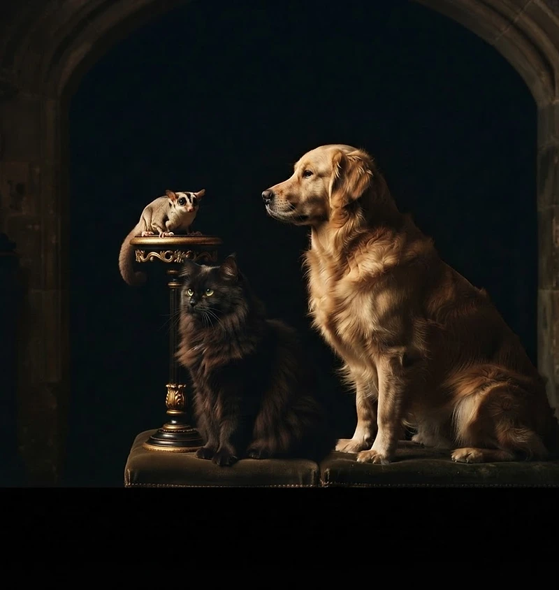 A noble retriever lit in gold
