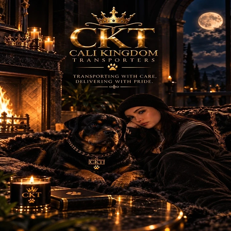 Cali Kingdom Transporters — the royal companion portrait with crown, Rottweiler, fireplace and moonlit balcony