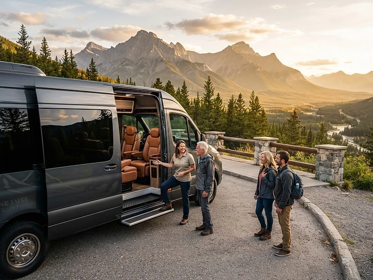 Comfortable sightseeing vehicle at a Banff hotel pickup