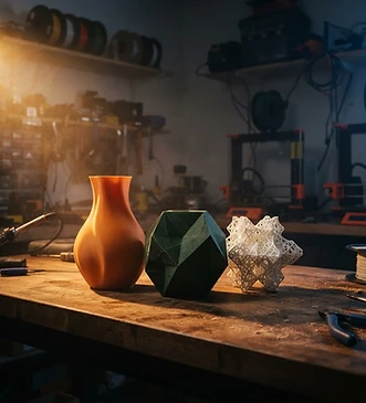 Locally 3D-printed sculptural objects under dramatic workshop lighting