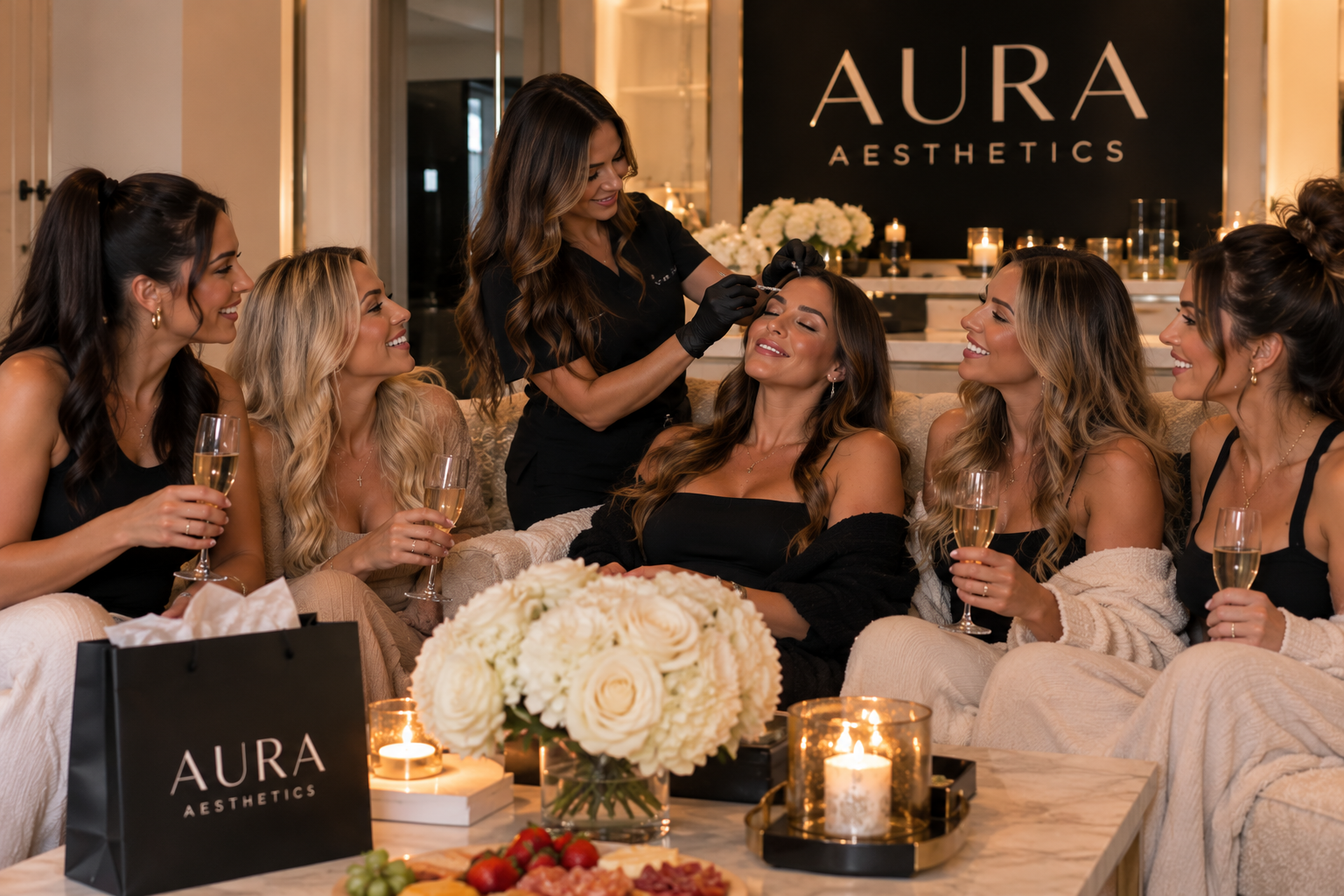 An upscale private beauty gathering in an elegant, warmly lit setting (illustrative image)