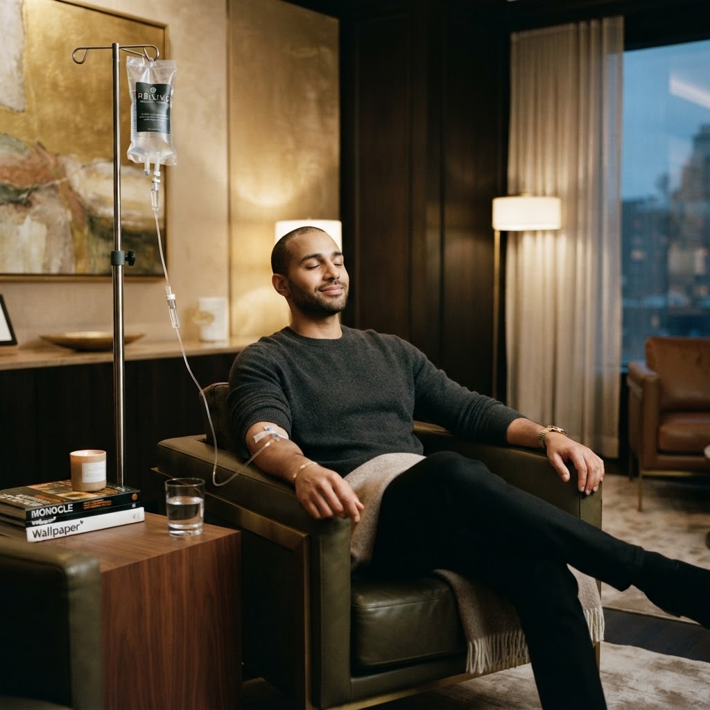 A relaxed man receiving an IV wellness treatment in a private concierge setting (illustrative image)