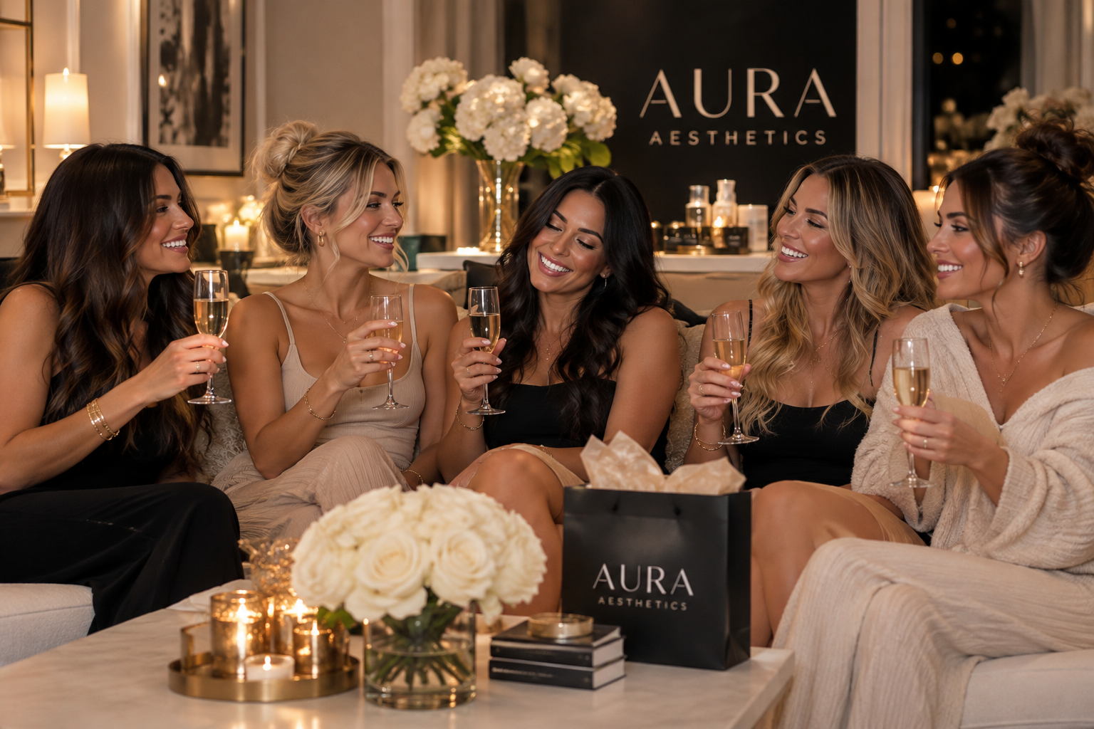 An upscale private beauty gathering in an elegant, warmly lit setting (illustrative image)