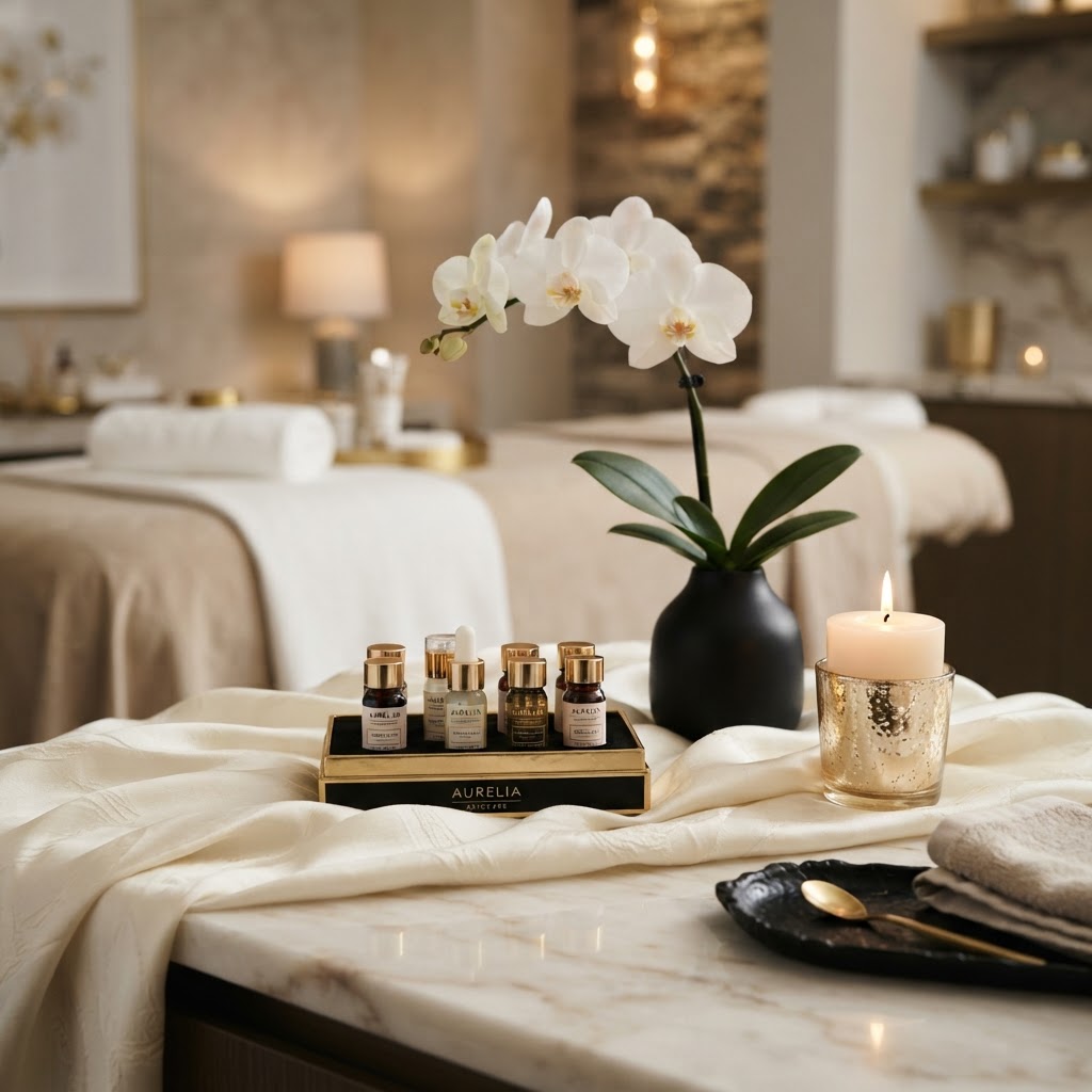 An elegant luxury treatment suite styled with champagne gold accents, soft candlelight, and silk (illustrative image)