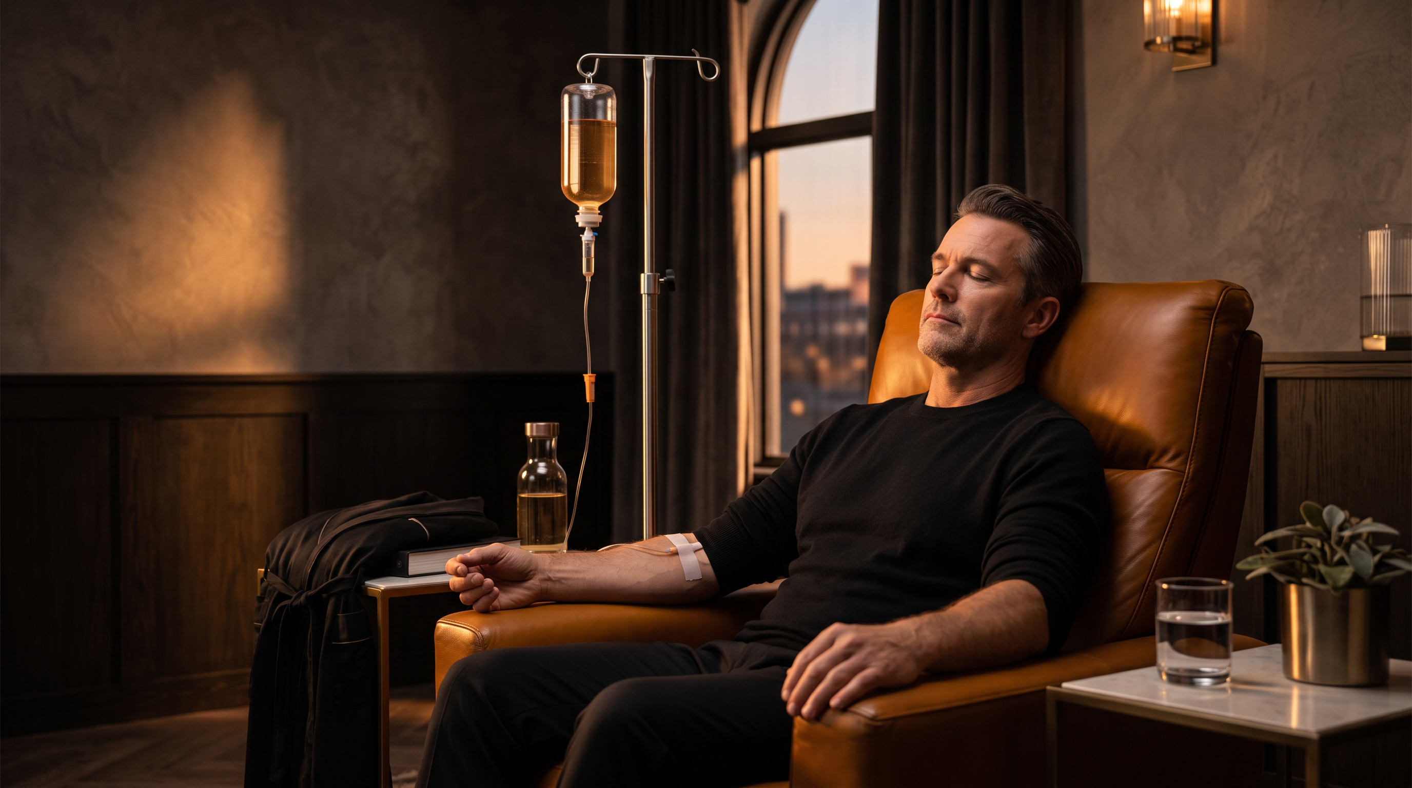 A provider consulting with a male client in a softly lit, luxury treatment room (illustrative image)