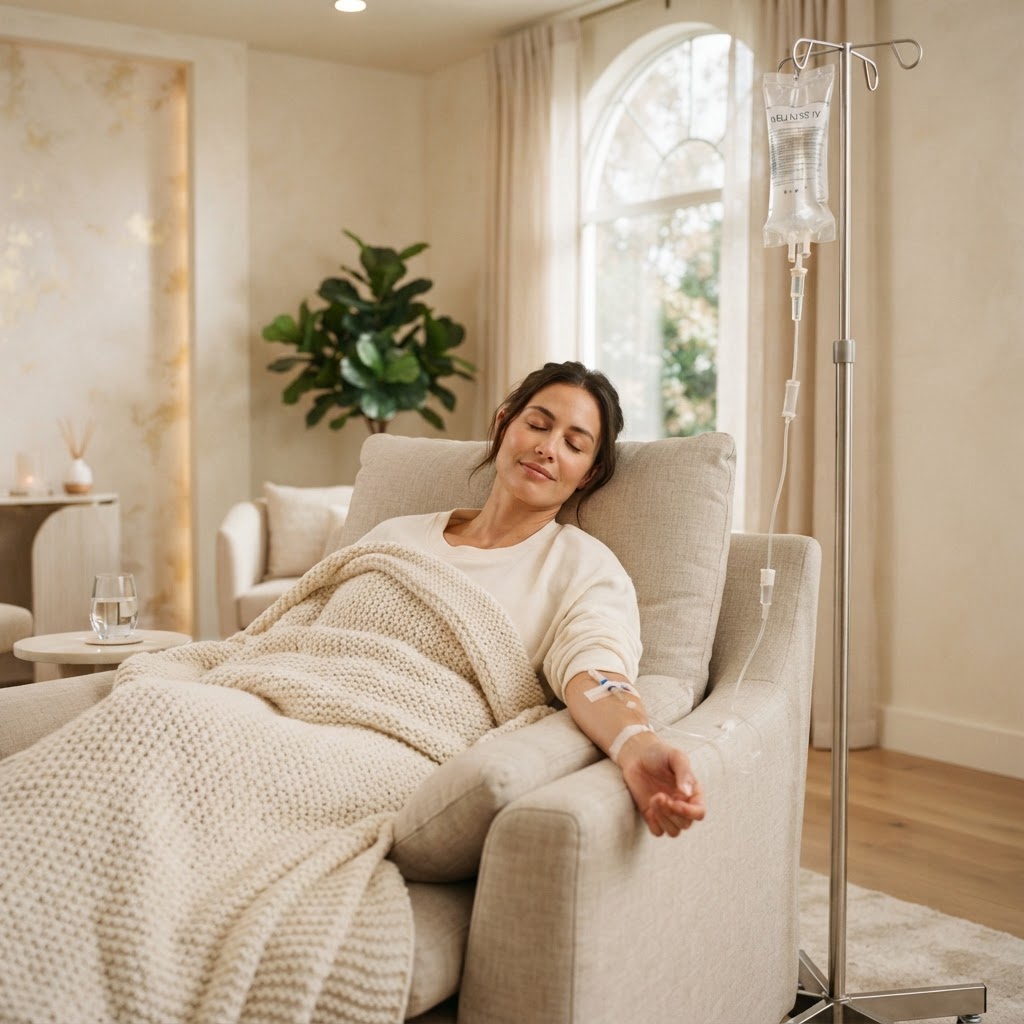 A client resting comfortably in a soft, neutral-colored lounge chair during an IV treatment (illustrative image)