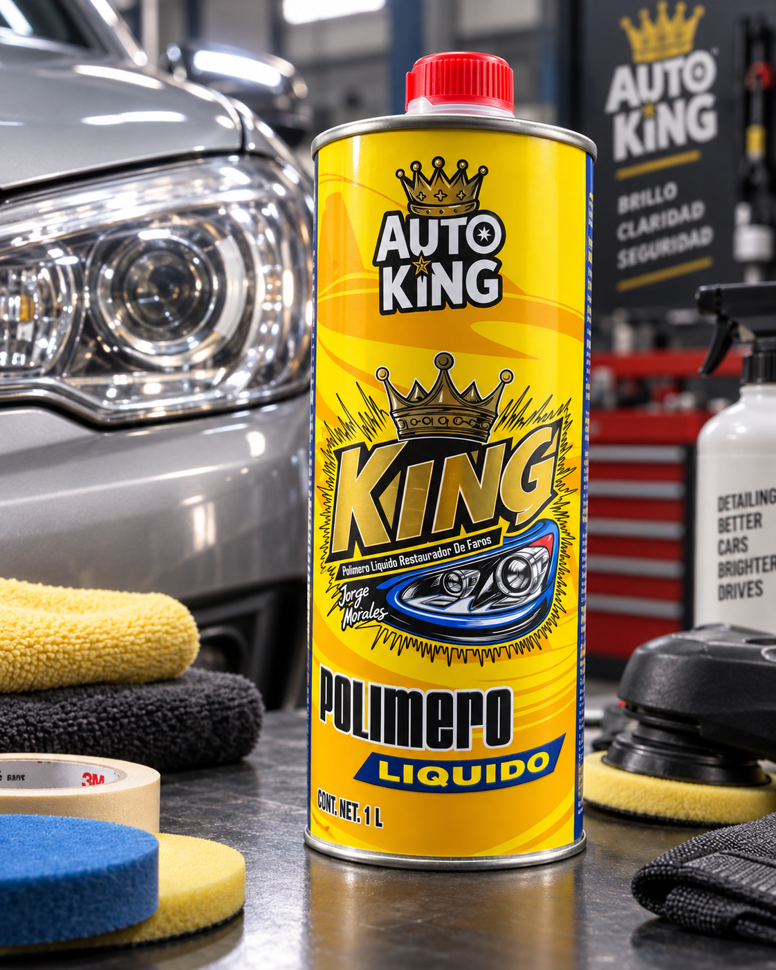 Envase de Auto King de 500 ml con tapa roja y corona dorada
