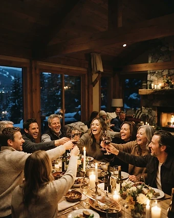 A group toasting a milestone birthday dinner in a cozy Whistler chalet