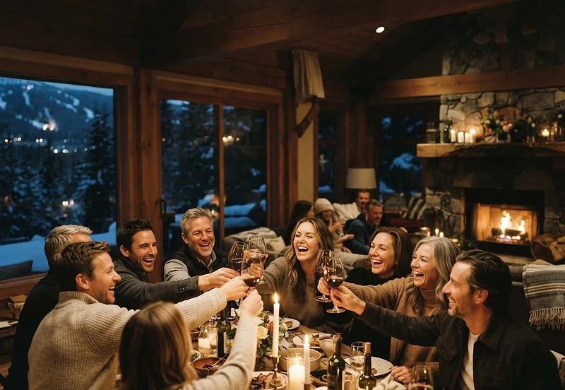A stylish group toasting a milestone birthday dinner in a cozy Whistler chalet