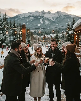 A mixed group of friends toasting a joint Jack and Jill celebration on a snowy Whistler patio at golden hour
