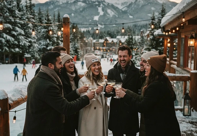 A mixed group of friends toasting a joint Jack and Jill celebration on a snowy Whistler patio at golden hour