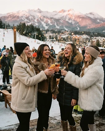 Friends enjoying après ski cocktails on a snowy Whistler patio at golden hour