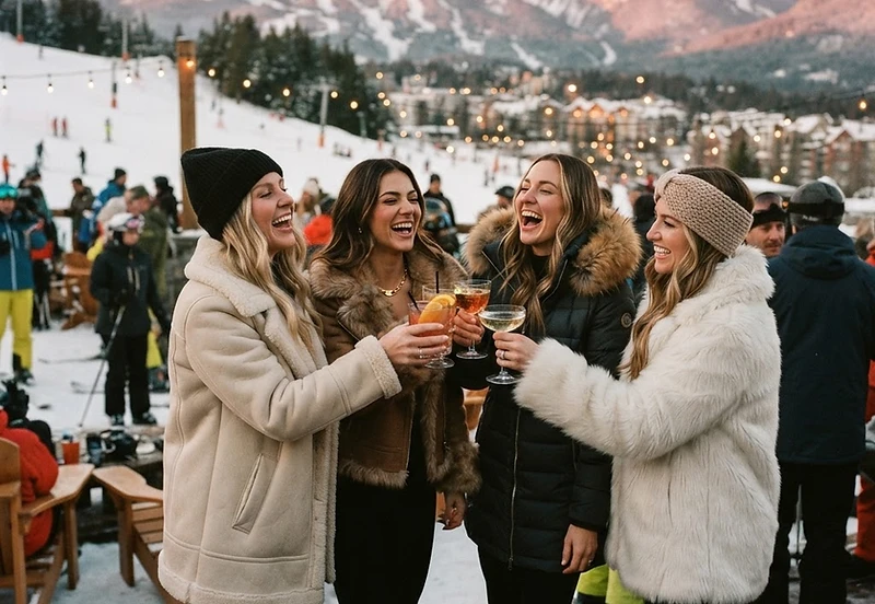 Friends enjoying après ski cocktails on a snowy Whistler patio at golden hour