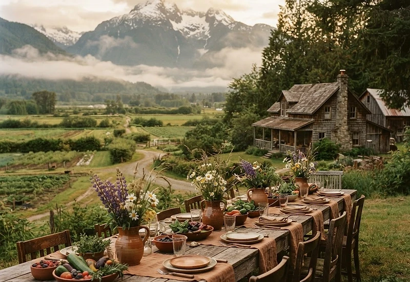 A rustic Pemberton farm-to-table weekend — a long farm table set with local produce under golden hour in the valley