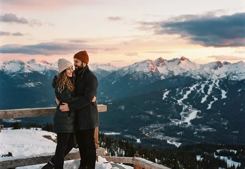 A couple sharing a quiet moment on a snowy Whistler alpine viewpoint at sunset