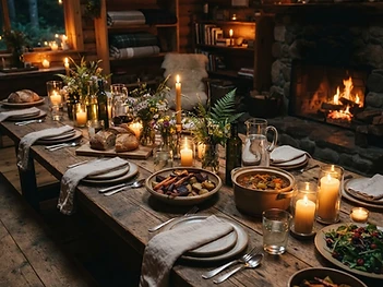 A candlelit rustic farm-to-table dinner table inside a Pemberton timber cabin