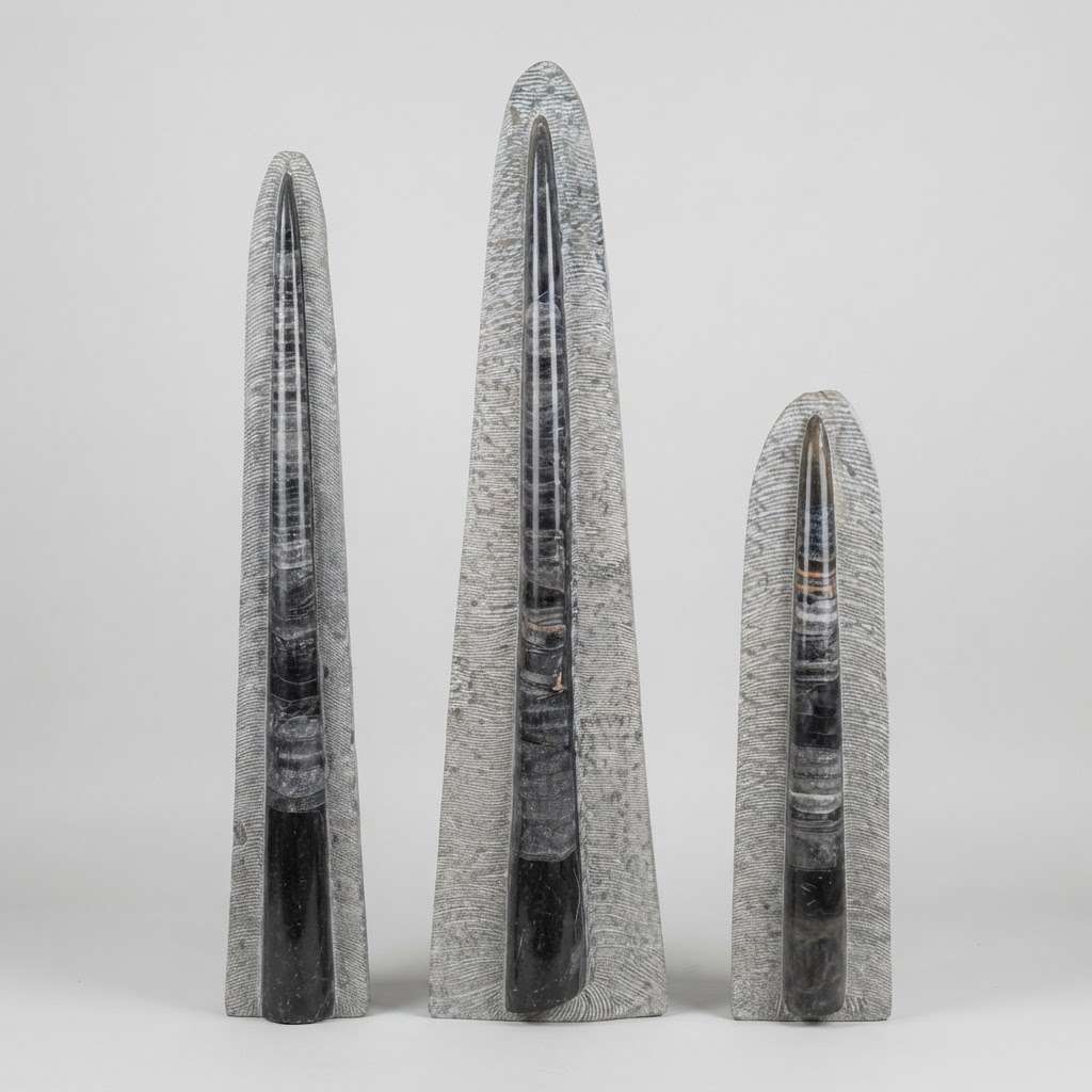 Conjunto de tres esculturas de ortoceras fosilizadas