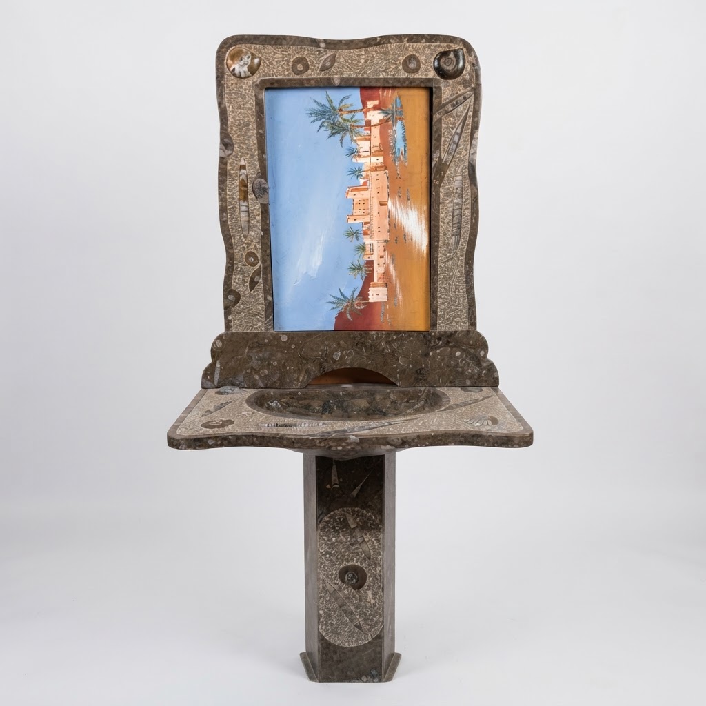 Lavabo artesanal de piedra con fósiles marinos