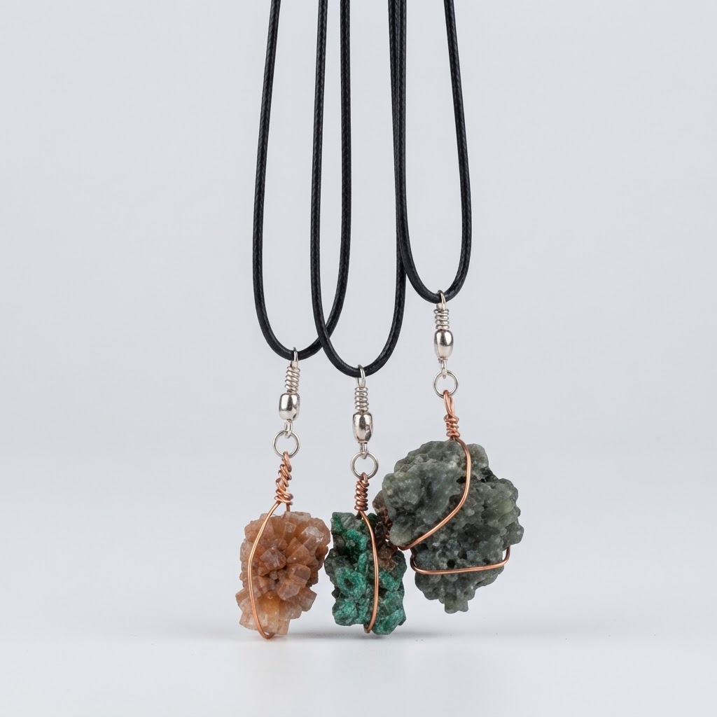 Conjunto de colgantes artesanales con minerales en bruto