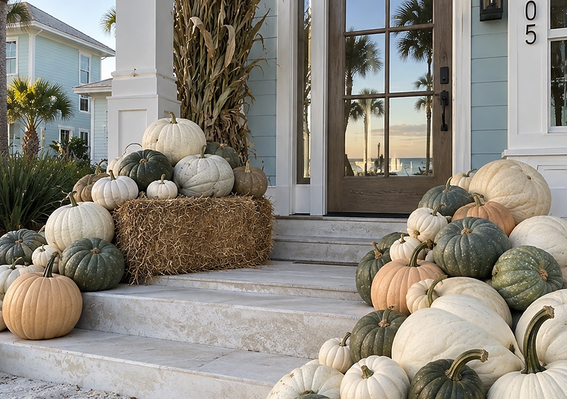Naturally styled pumpkin display at an upscale Gulf Coast home entrance