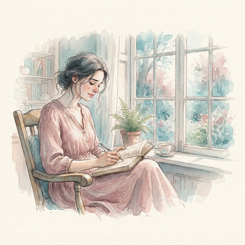 A watercolor illustration of a woman crying gently as she writes in her journal by a window