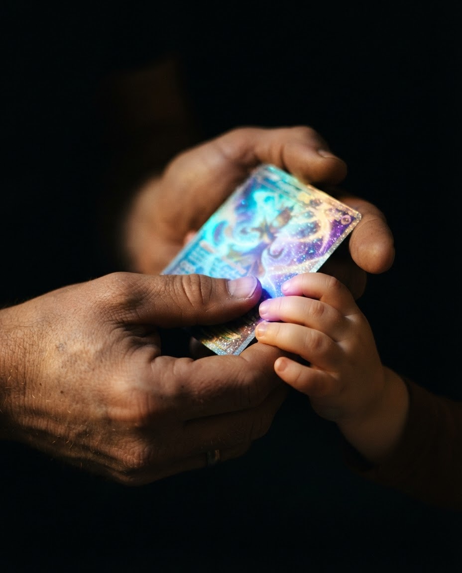 Hands holding a holographic trading card together