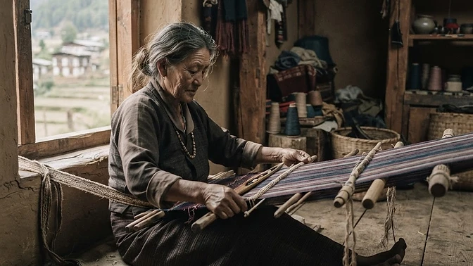 A weaver in her farmhouse, Bumthang
