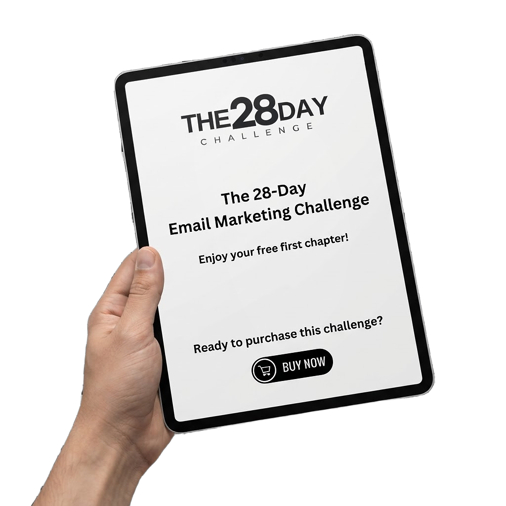 Reading the first chapter of The 28 Day Email Marketing Challenge on a tablet