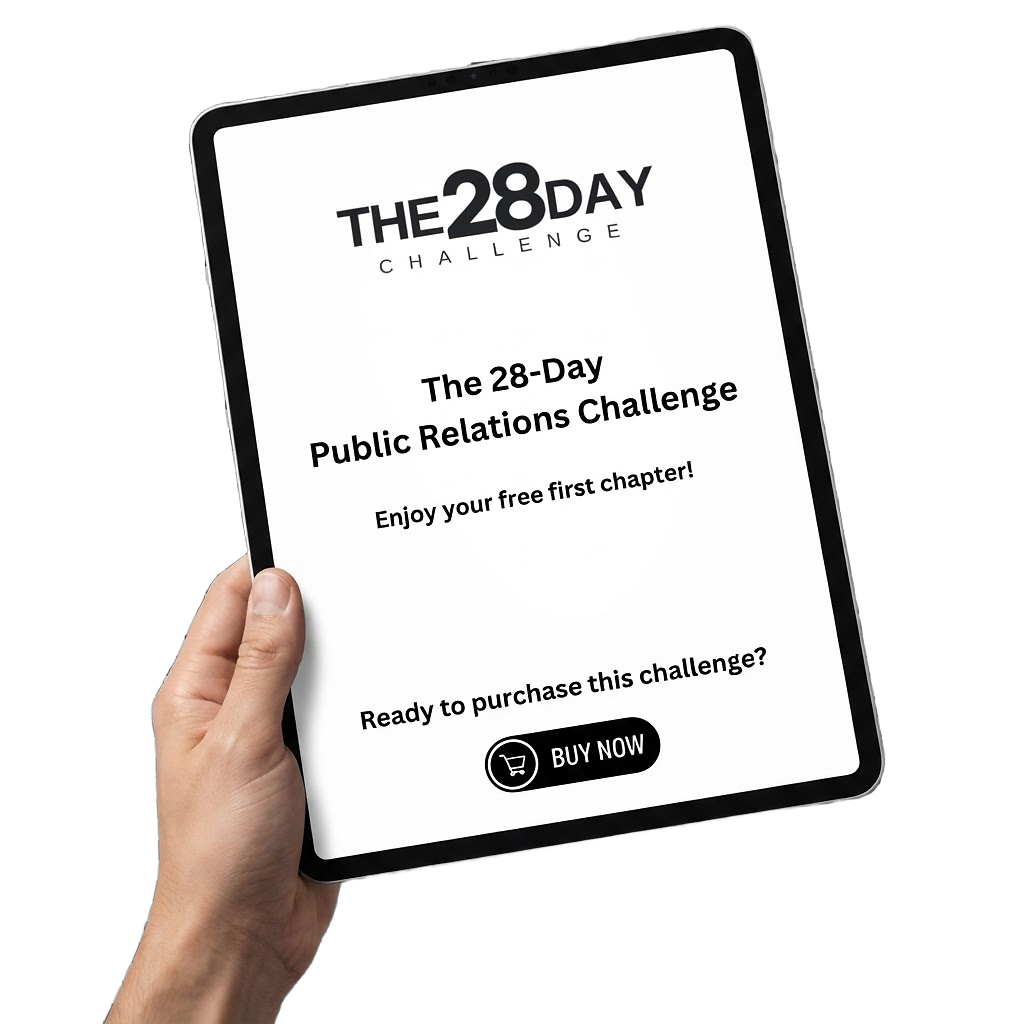 Reading the first chapter of The 28 Day Public Relations Challenge on a tablet