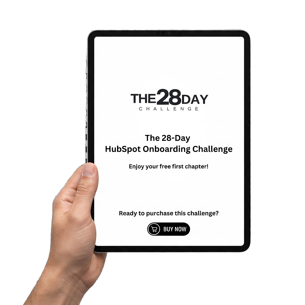 Reading the first chapter of The 28 Day HubSpot Onboarding Challenge on a tablet