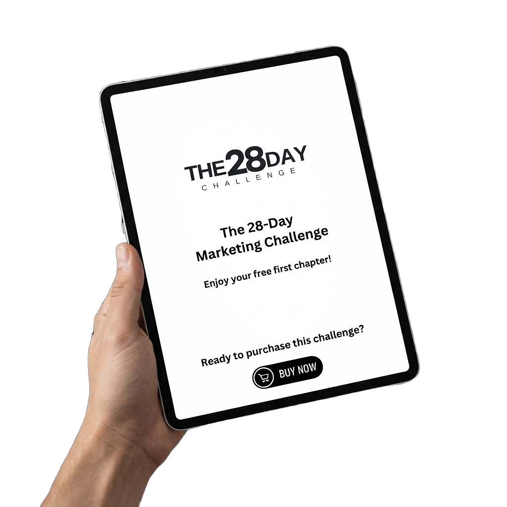 Reading the first chapter of The 28 Day Marketing Challenge on a tablet
